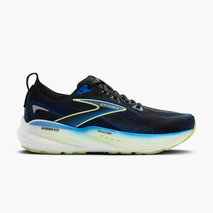 "Brooks Running Glycerin GTS 22 Black/Cobalt/Neo Yellow sneakers by Hype Elixir – cushioned, stability running shoes for enhanced comfort, support, and performance."