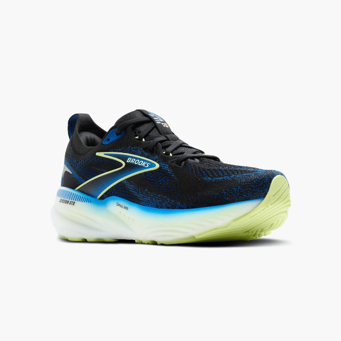 "Brooks Running Glycerin GTS 22 Black/Cobalt/Neo Yellow sneakers by Hype Elixir – cushioned, stability running shoes for enhanced comfort, support, and performance."