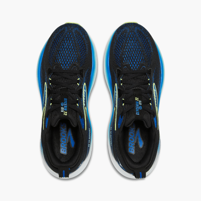 "Brooks Running Glycerin GTS 22 Black/Cobalt/Neo Yellow sneakers by Hype Elixir – cushioned, stability running shoes for enhanced comfort, support, and performance."