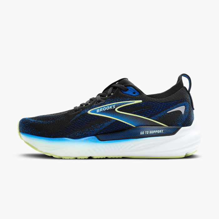 "Brooks Running Glycerin GTS 22 Black/Cobalt/Neo Yellow sneakers by Hype Elixir – cushioned, stability running shoes for enhanced comfort, support, and performance."