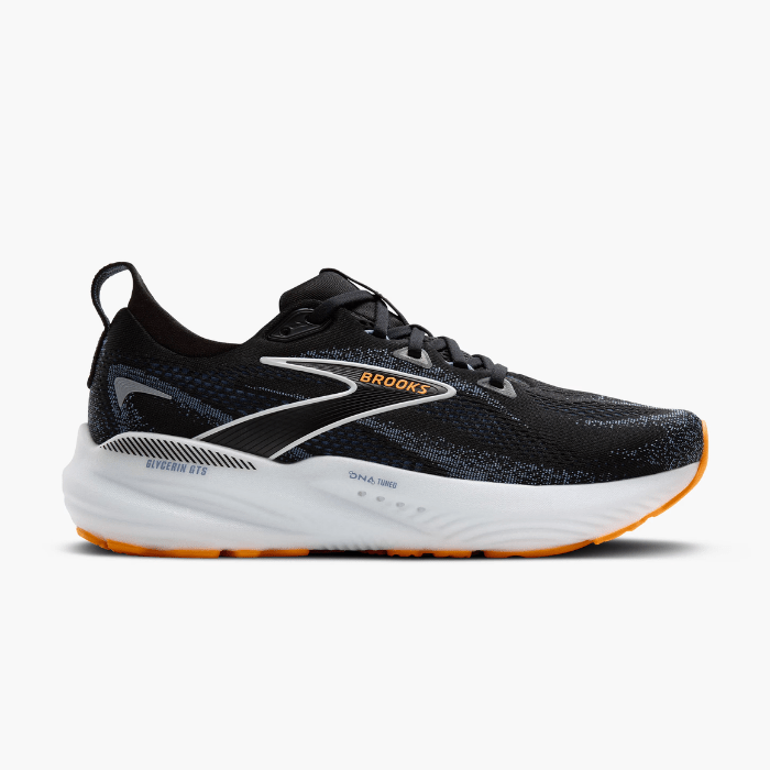 "Brooks Running Glycerin GTS 22 Black/Country Blue/Orange Pop sneakers by Hype Elixir – cushioned, stability running shoes for optimal comfort and support."