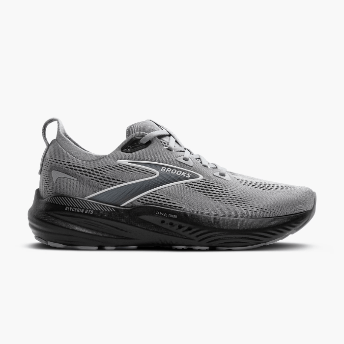 "Brooks Running Glycerin GTS 22 Primer Gray/Ebony/Bluewash sneakers by Hype Elixir – cushioned, stability-focused running shoes for comfort and support."