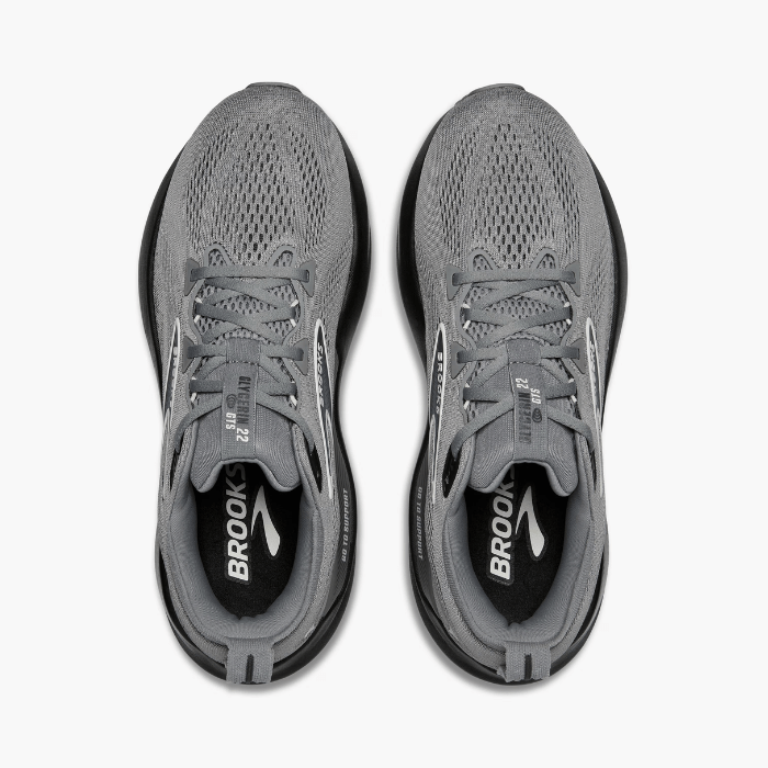"Brooks Running Glycerin GTS 22 Primer Gray/Ebony/Bluewash sneakers by Hype Elixir – cushioned, stability-focused running shoes for comfort and support."