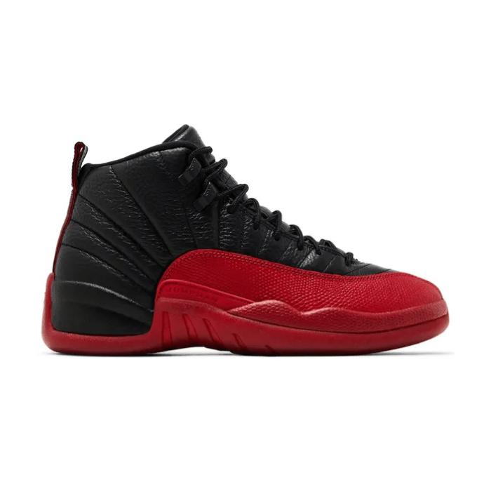 Iconic Jordan 12 Retro Flu Game sneakers in black and red, known for legendary style and comfort. Shop on HypeElixir.com.