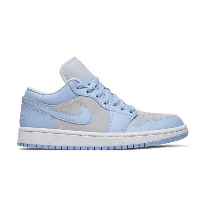 Stylish Jordan 1 Low Women's in Football Grey and Aluminum with classic design and comfort. Shop now at HypeElixir.com.
