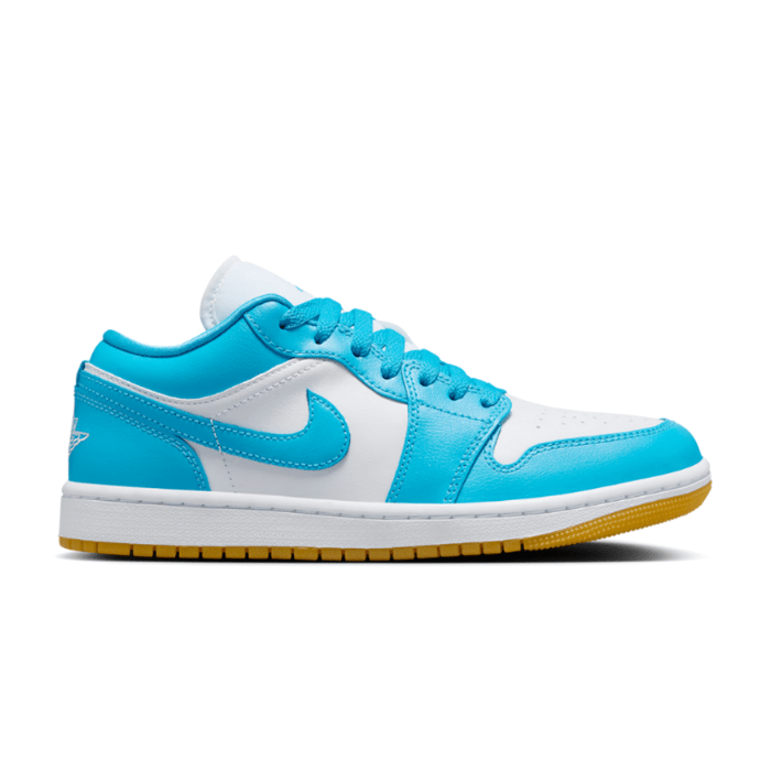 Women's Jordan 1 Low in White Gum with Light Brown and Dark Powder Blue accents – stylish and timeless. Shop on HypeElixir.com