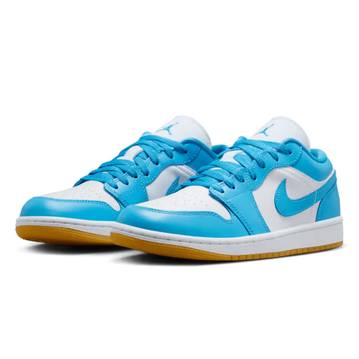 Air Jordan 1 Low for women in a clean white upper, gum sole, and powder blue details – classic meets bold. Shop on HypeElixir.com