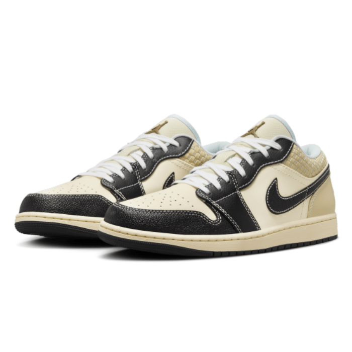 "Air Jordan 1 Low SE Coconut Milk Black Muslin sneakers by Hype Elixir – stylish low-top design with a premium blend of neutral tones for a sleek and versatile look."