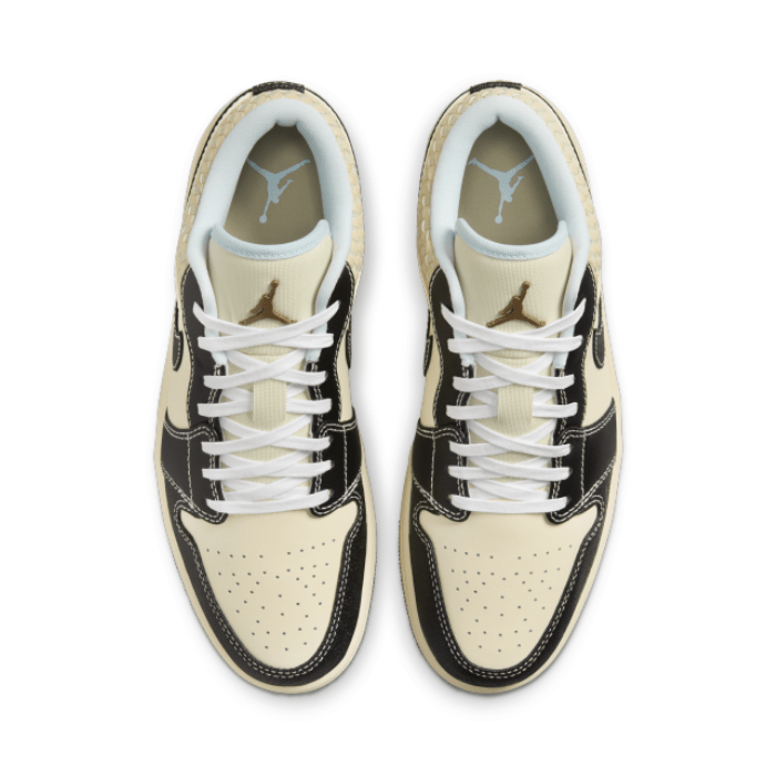 "Air Jordan 1 Low SE Coconut Milk Black Muslin sneakers by Hype Elixir – stylish low-top design with a premium blend of neutral tones for a sleek and versatile look."