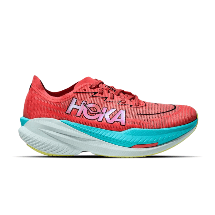 Hoka Mach X 2 in Grapefruit Electric Coral – bold, cushioned running shoes built for speed and comfort. Shop on hypeelixir.com.
