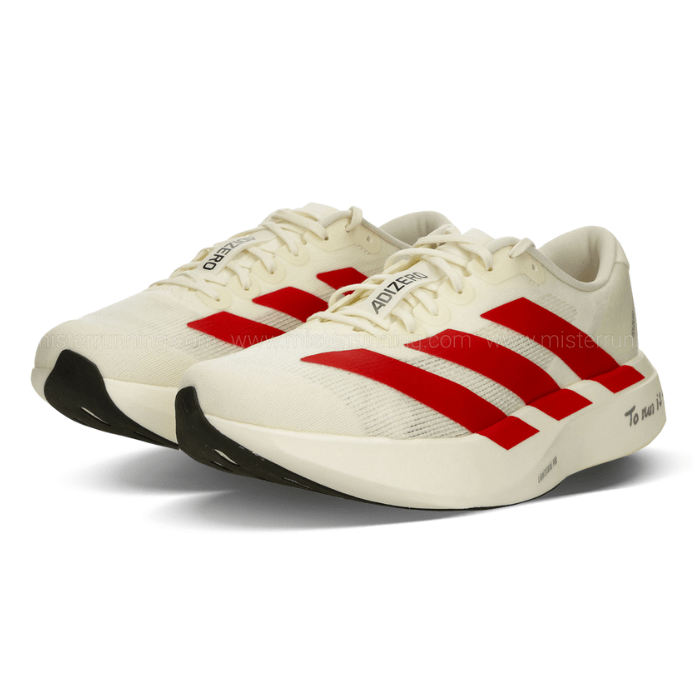 Lightweight Adidas Adizero EVO SL shoes in Off White/Better Scarlet offer elite performance and bold style. Shop on HypeElixir.com.