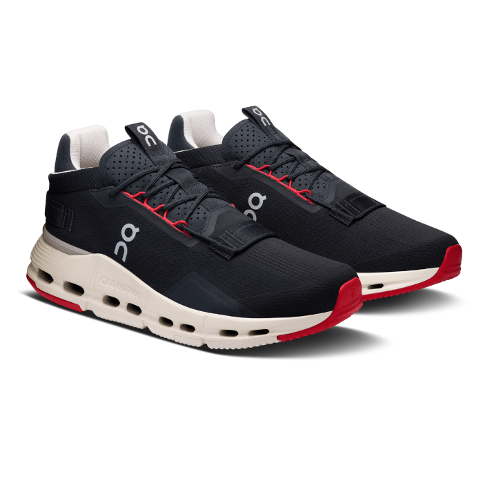 "On Running Cloudnova 2 Black Red sneakers by Hype Elixir – high-performance running shoes featuring a sleek black design with bold red accents for style, comfort, and support."