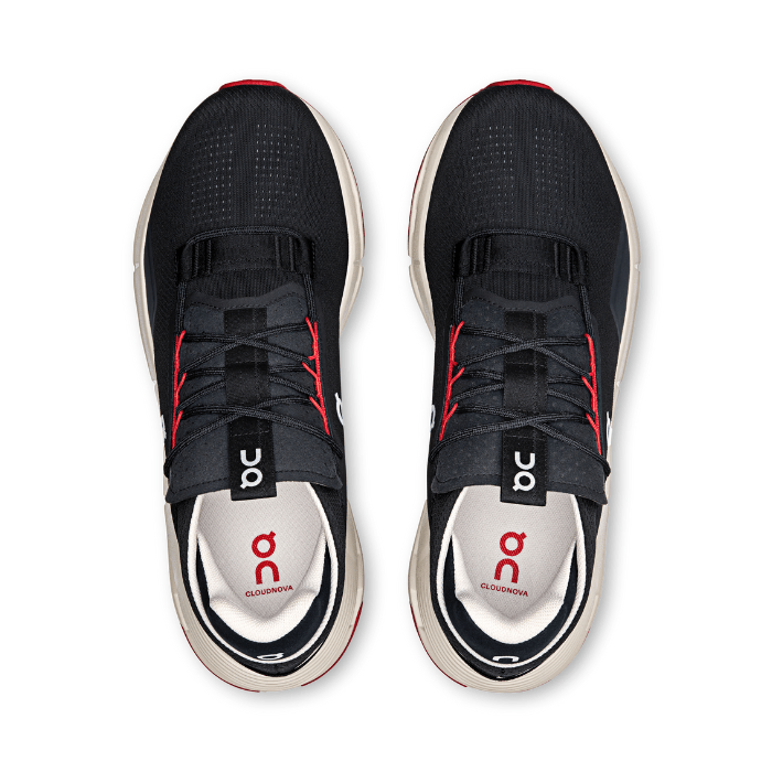 "On Running Cloudnova 2 Black Red sneakers by Hype Elixir – high-performance running shoes featuring a sleek black design with bold red accents for style, comfort, and support."