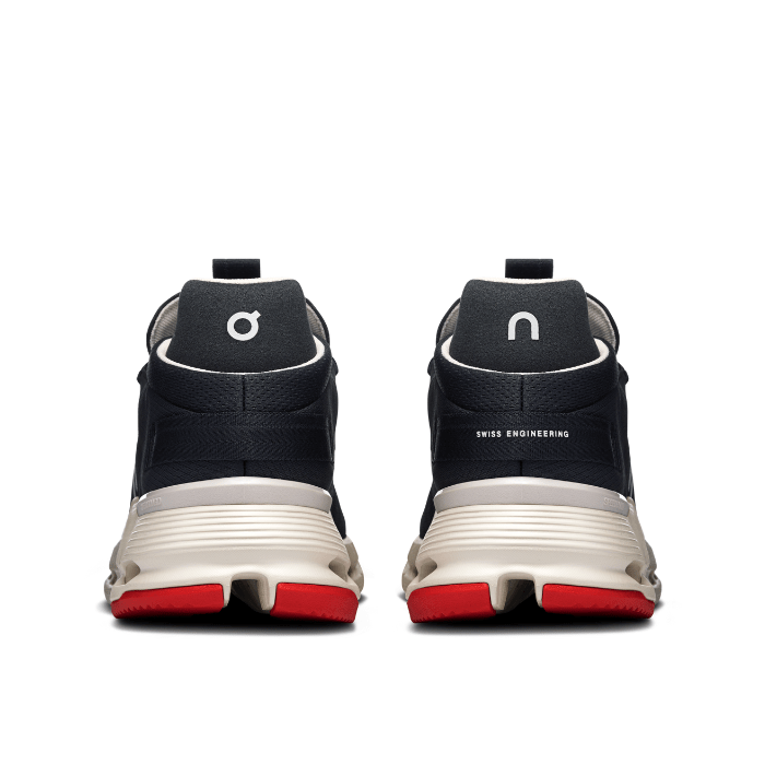 "On Running Cloudnova 2 Black Red sneakers by Hype Elixir – high-performance running shoes featuring a sleek black design with bold red accents for style, comfort, and support."