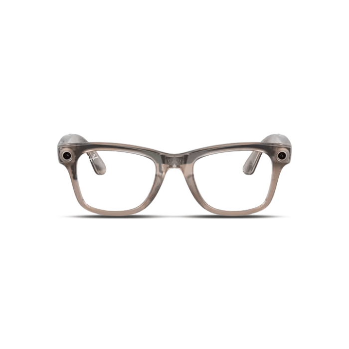 "Ray-Ban Meta Wayfarer Shiny Warm Stone/Clear/Watermelon Red Transitions – stylish Wayfarer sunglasses with a warm stone frame, clear details, and vibrant watermelon red lenses that transition to suit lighting conditions."