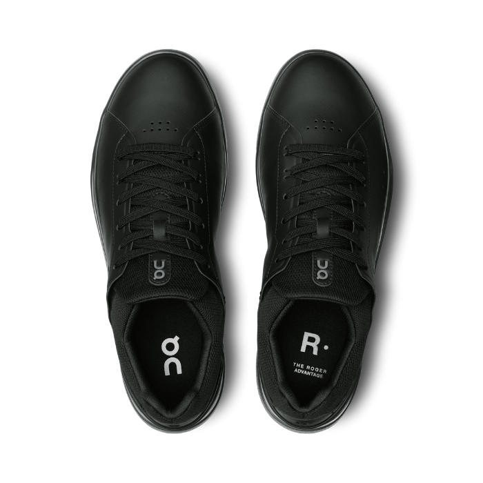 "On Running Roger Advantage All Black sneakers by Hype Elixir – sleek, tennis-inspired shoes offering all-day comfort and performance in a minimalist, all-black design."