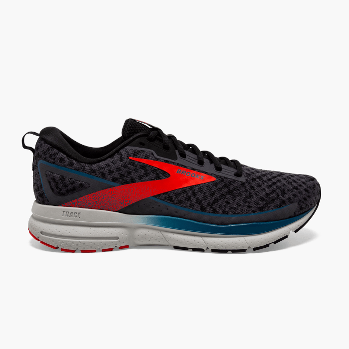 "Brooks Running Trace 3 Blackened Pearl/Red/Blue sneakers by Hype Elixir – lightweight, cushioned, and stylish running shoes offering comfort and support."