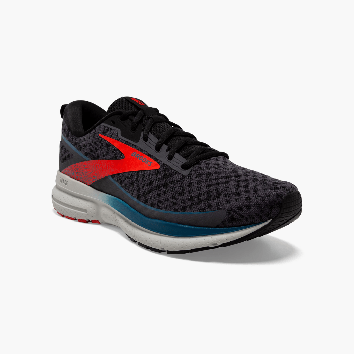 "Brooks Running Trace 3 Blackened Pearl/Red/Blue sneakers by Hype Elixir – lightweight, cushioned, and stylish running shoes offering comfort and support."