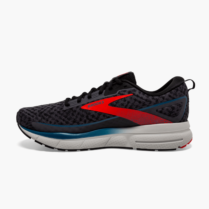 "Brooks Running Trace 3 Blackened Pearl/Red/Blue sneakers by Hype Elixir – lightweight, cushioned, and stylish running shoes offering comfort and support."