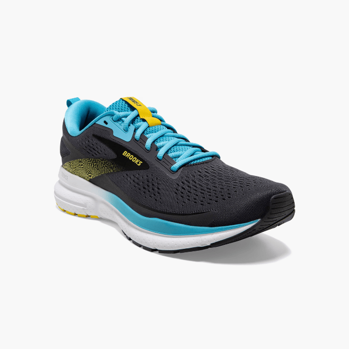 "Brooks Running Trace 3 Forged Iron/Blue/Yellow sneakers by Hype Elixir – lightweight, cushioned, and durable running shoes designed for comfort and performance."