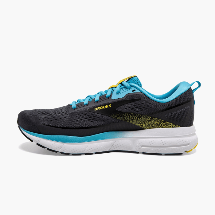 "Brooks Running Trace 3 Forged Iron/Blue/Yellow sneakers by Hype Elixir – lightweight, cushioned, and durable running shoes designed for comfort and performance."