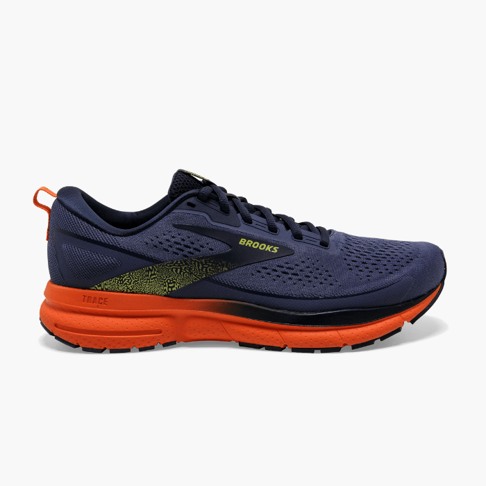 "Brooks Running Trace 3 Iris/Red Orange/Sulphur sneakers by Hype Elixir – lightweight, cushioned, and vibrant running shoes for optimal comfort and performance."