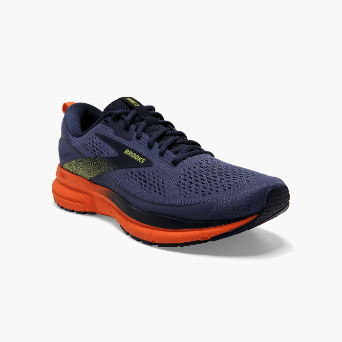 "Brooks Running Trace 3 Iris/Red Orange/Sulphur sneakers by Hype Elixir – lightweight, cushioned, and vibrant running shoes for optimal comfort and performance."