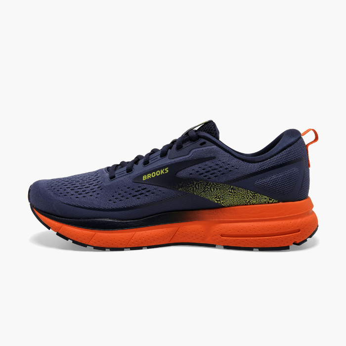 "Brooks Running Trace 3 Iris/Red Orange/Sulphur sneakers by Hype Elixir – lightweight, cushioned, and vibrant running shoes for optimal comfort and performance."