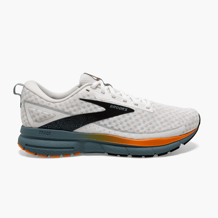 "Brooks Running Trace 3 White/Orange/Goblin Blue sneakers by Hype Elixir – lightweight, cushioned, and stylish running shoes for ultimate comfort and support."