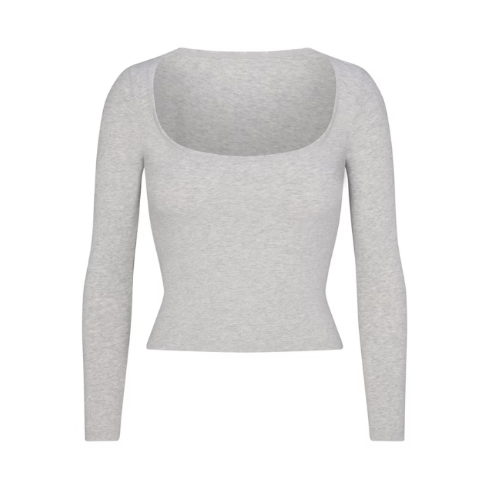 Skims Cotton Jersey Scoop Neck Long Sleeve Top Light Heather Grey